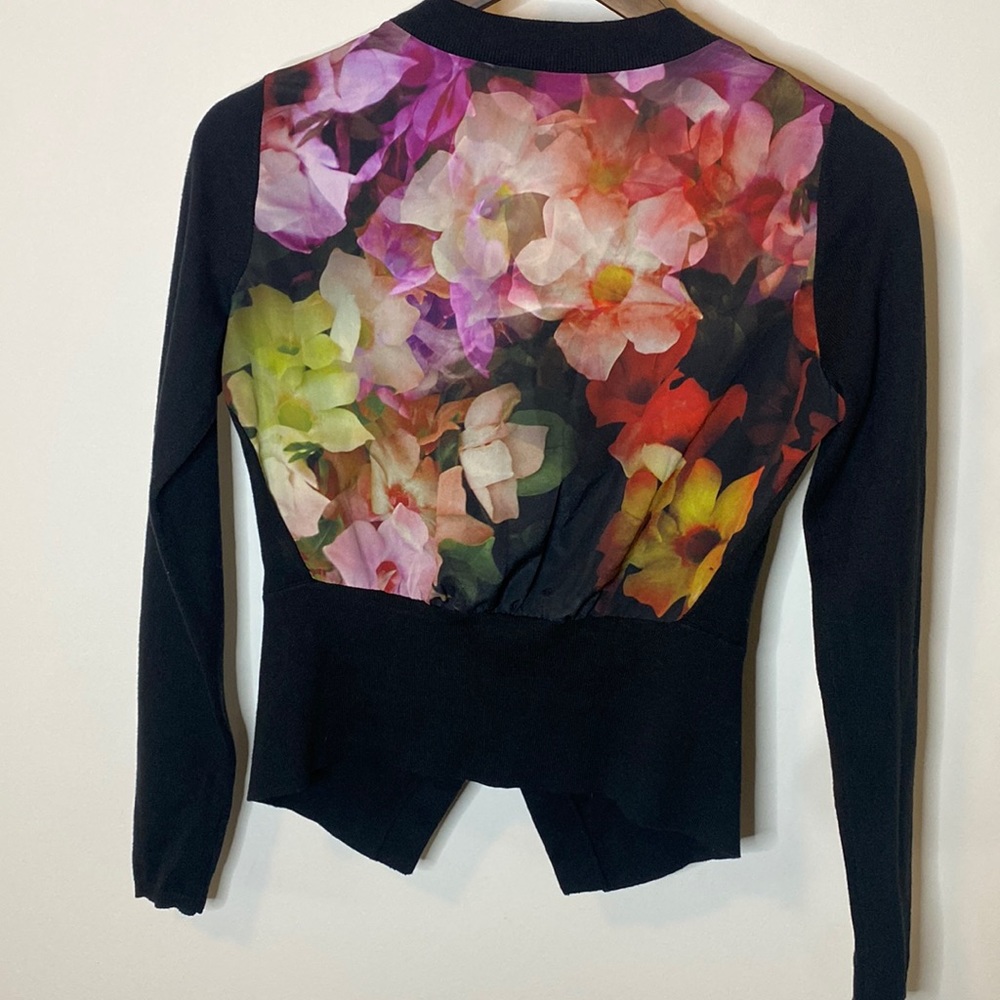 Beautiful Ted Baker cardigan with floral back and gold buttons.